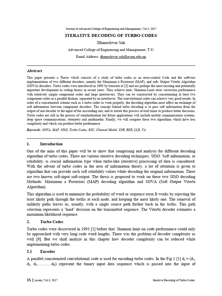 Iterative Decoding of Turbo Codes 2z9a041bs3 | PDF | Theoretical ...