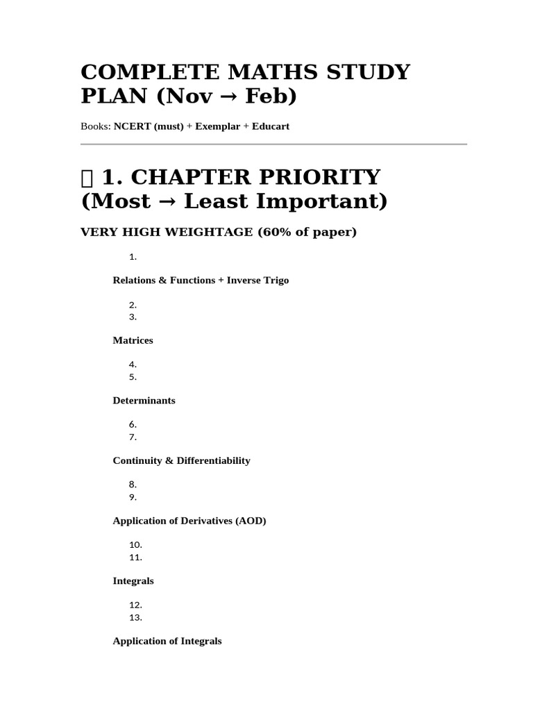 Comprehensive Maths Study Plan Guide | PDF | Determinant | Integral