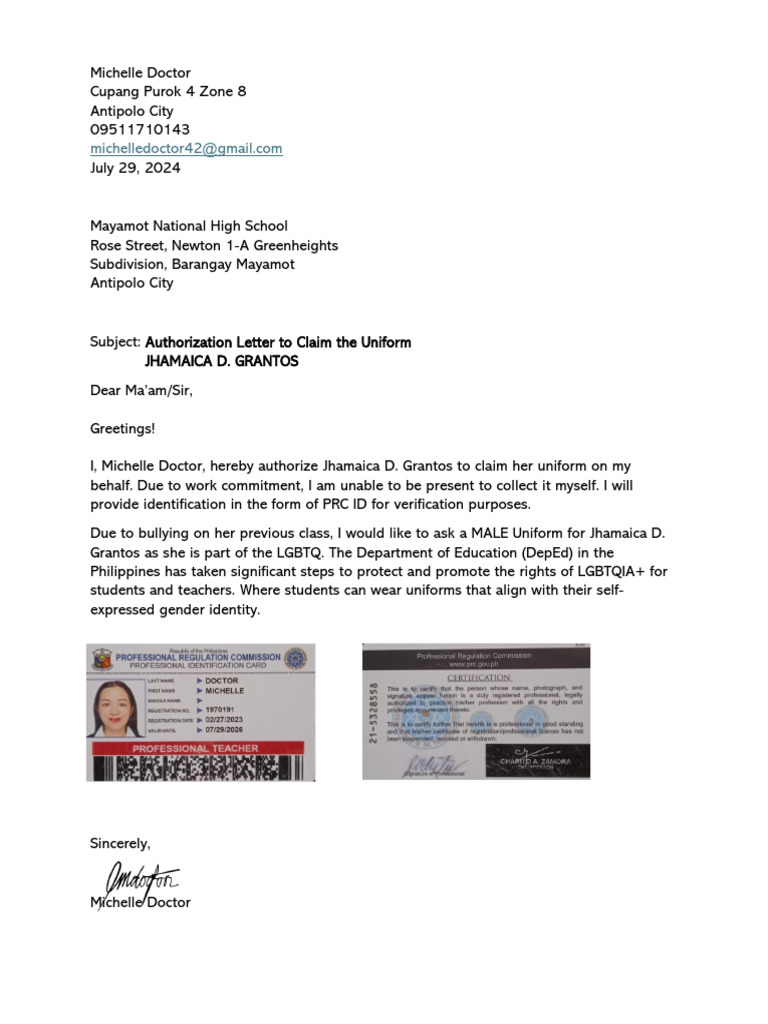 Authorization Letters for Uniform Claims | PDF