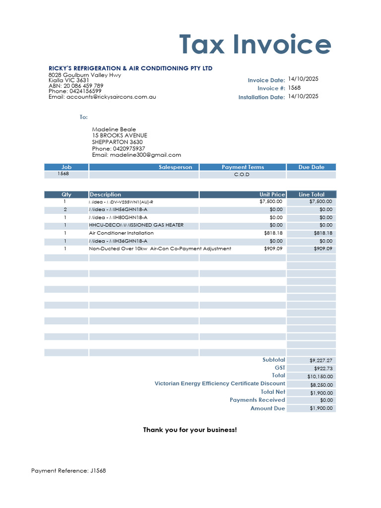 Air Conditioning Installation Invoice | PDF | Heat Transfer | Home ...