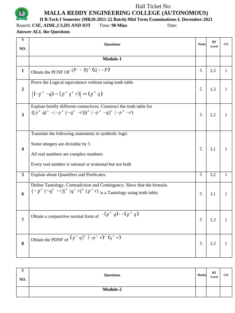 Discrete Mathematics Midterm Exam Questions | PDF | Set (Mathematics ...