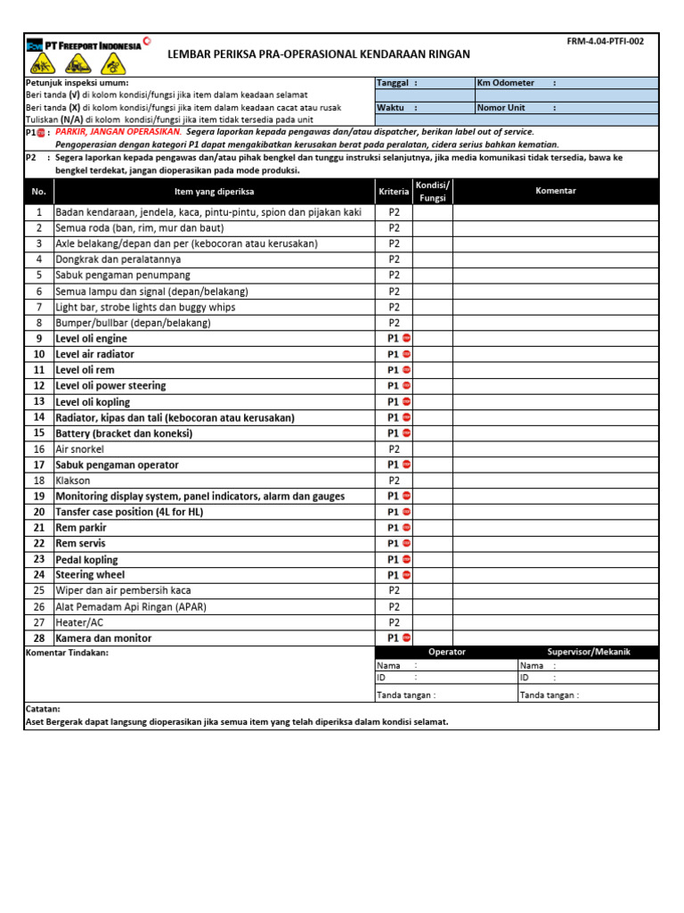 Pre-Ops Check Form Light Vehicle - Ina | PDF