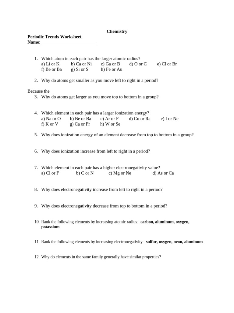 Periodic Trends Worksheet for Chemistry | PDF
