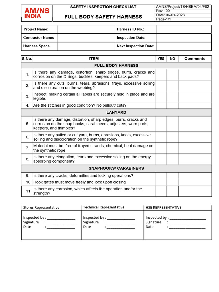 Full Body Safety Harness Inspection Checklist | PDF