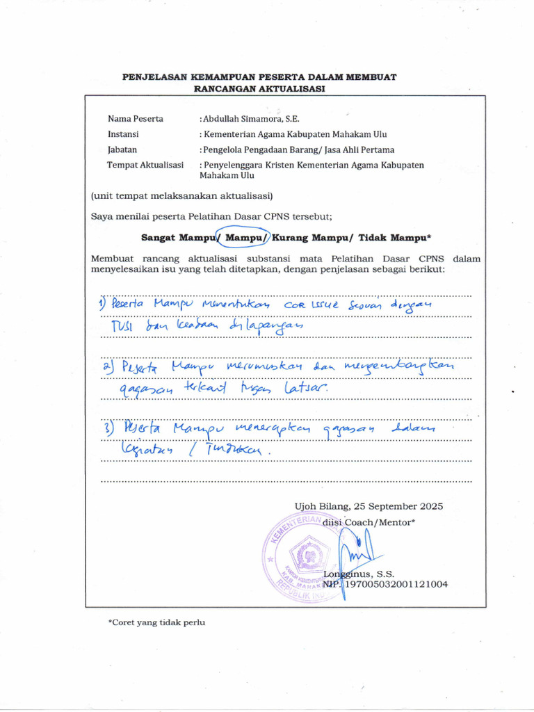 Penilaian Deskriptif Rancangan Aktualisasi Dari Mentor - LX - II - 15 ...