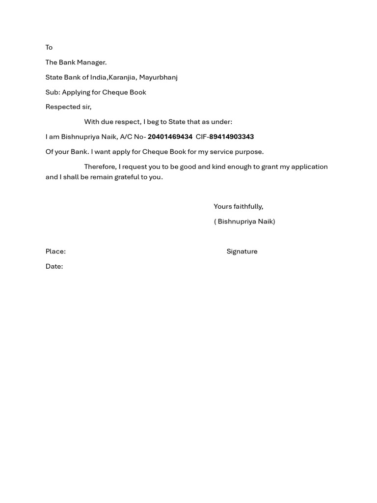 Cheque Book Application Letter Template | PDF