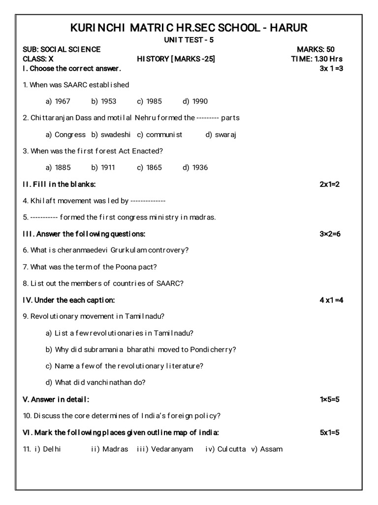 Class X Social Science Unit Test 5 | PDF