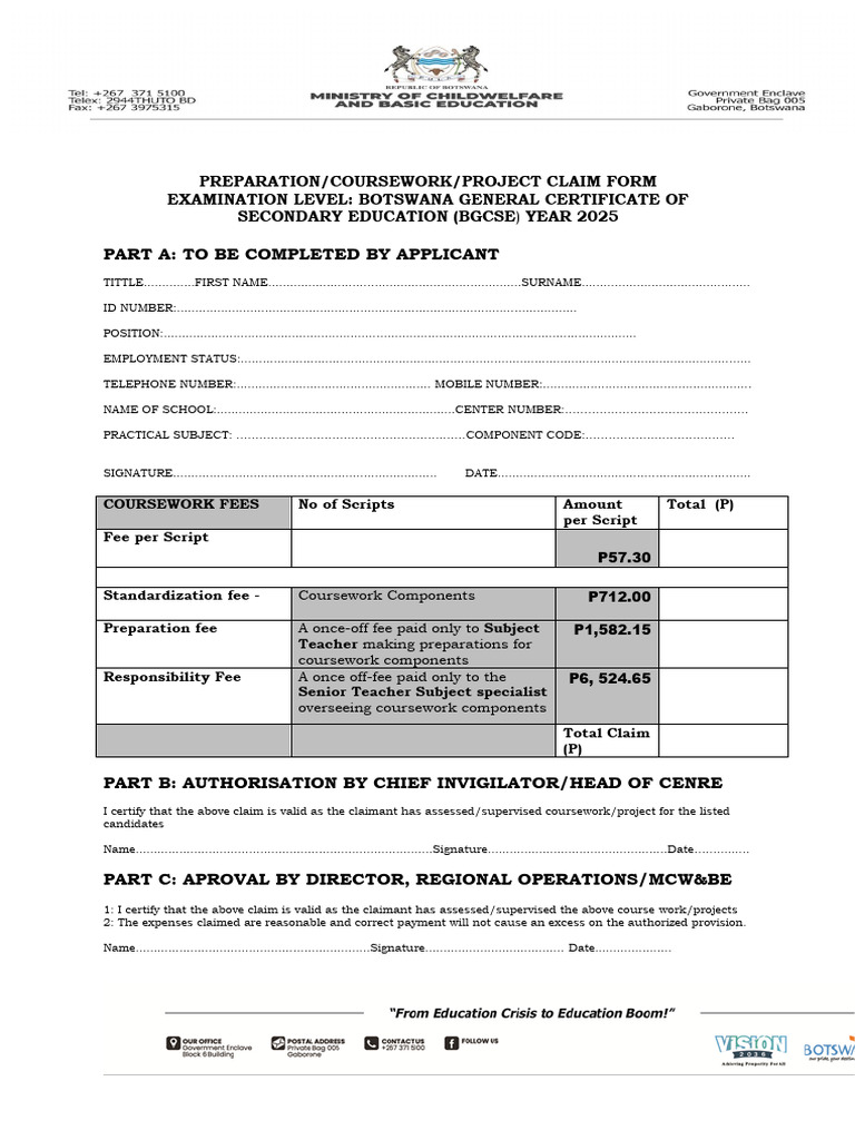 BGCSE 2025 Coursework Claim Form | PDF
