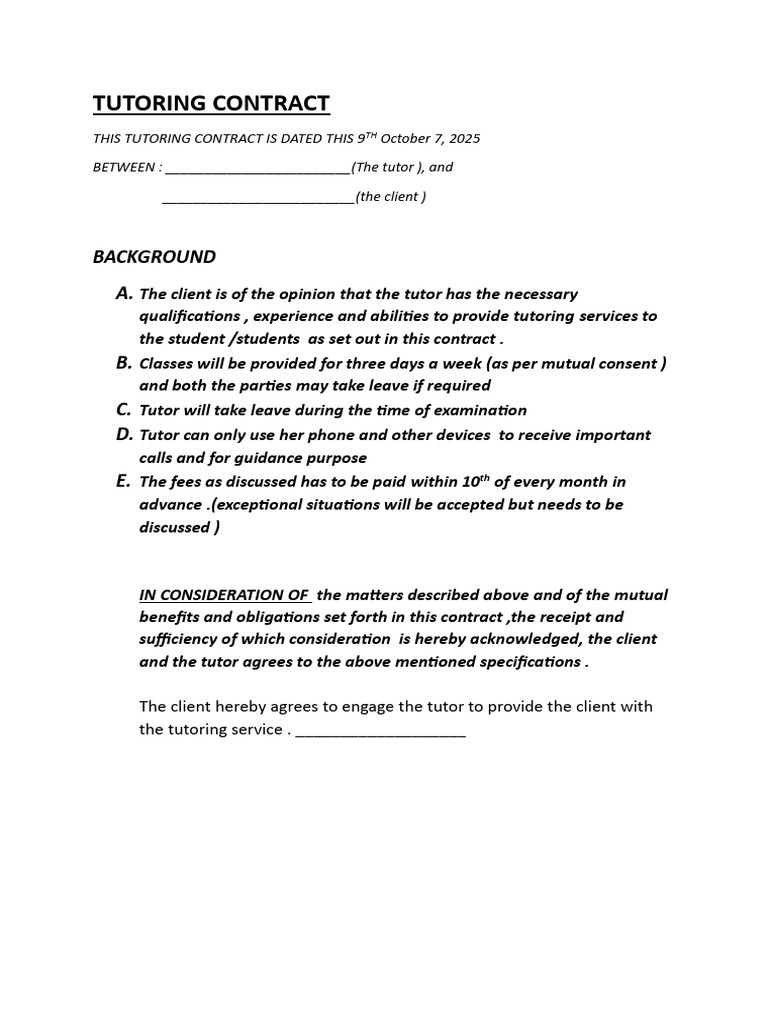 Tutoring Service Agreement Template | PDF