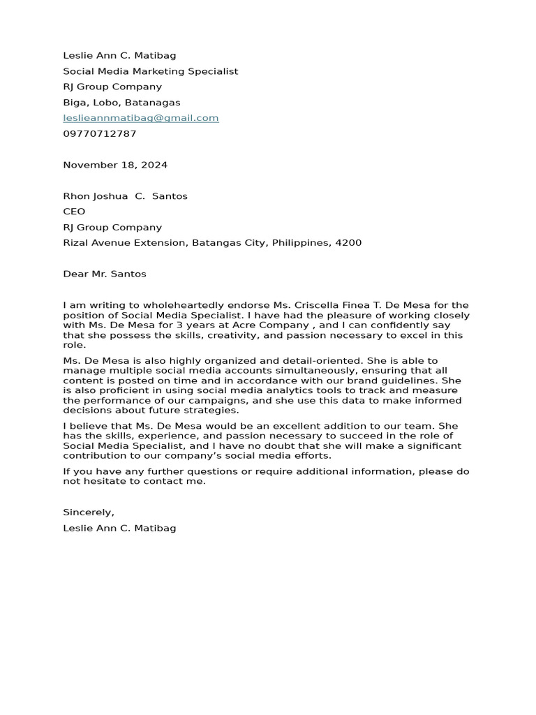 Endorsement for Social Media Specialist | PDF
