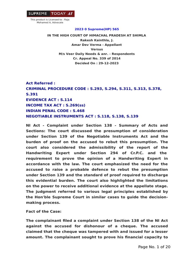 Court Ruling on NI Act Section 138 Appeal | PDF | Burden Of Proof (Law ...