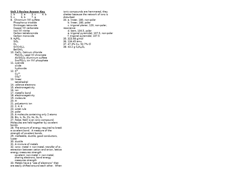 Unit 3 Chemistry Review Answer Key | PDF