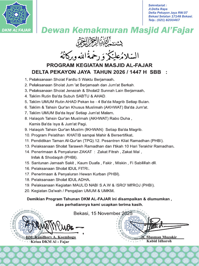 Program Kegiatan Masjid Alfajar Stemp | PDF