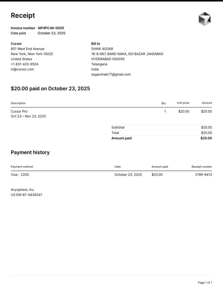 Receipt for Cursor Pro Subscription | PDF