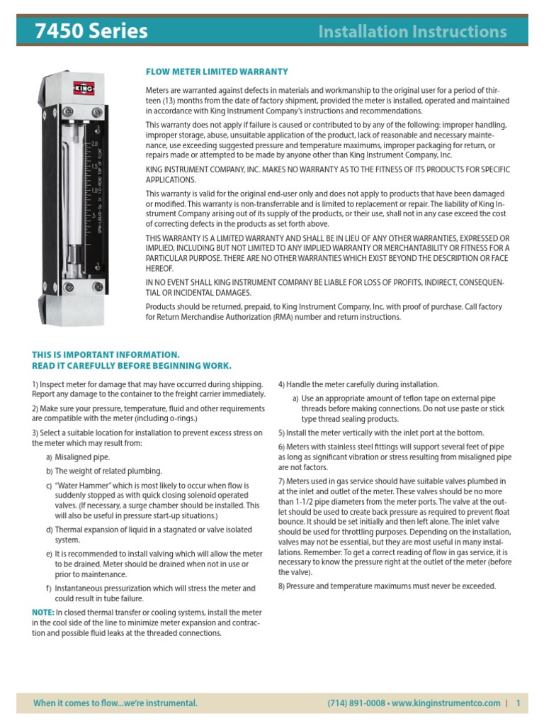 King Instrument Flow Meter Warranty & Installation | PDF | Valve | Pipe ...
