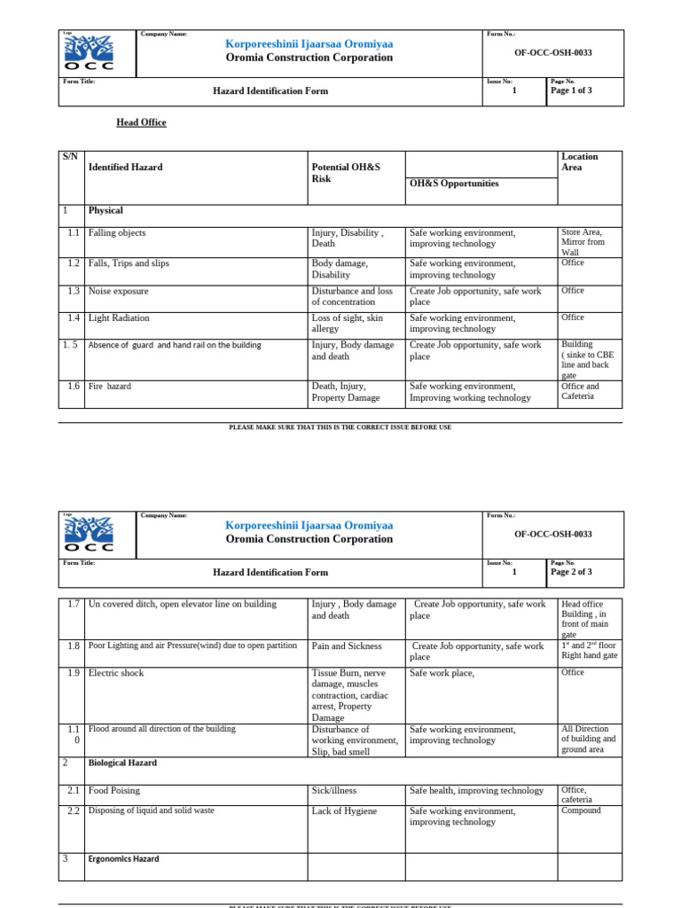 Hazard Identification Form for OH&S Risks | PDF | Hazards | Safety