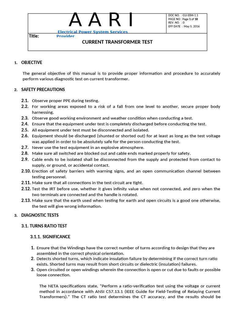 Current Transformer Testing Procedures | PDF | Transformer | Electric Power