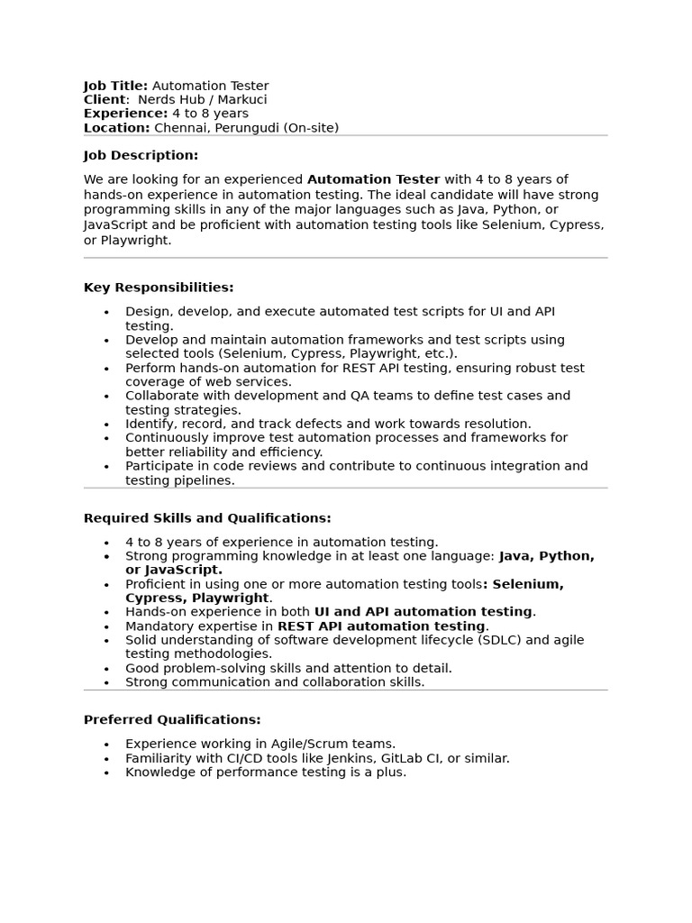 Automation Tester Job in Chennai | PDF