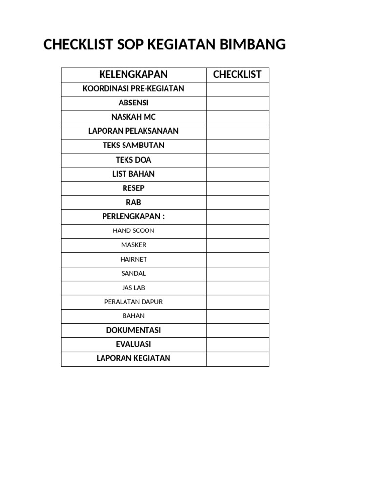 Checklist SOP Kegiatan Bimbingan | PDF