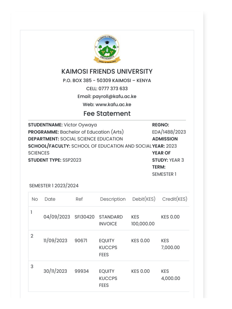 Kaimosi University Fee Statement 2023 | PDF | Accounting | Banking
