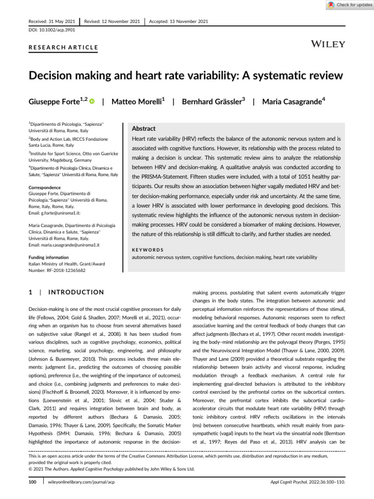 Decision Making and Heart Rate Variability A Systematic Review | PDF ...