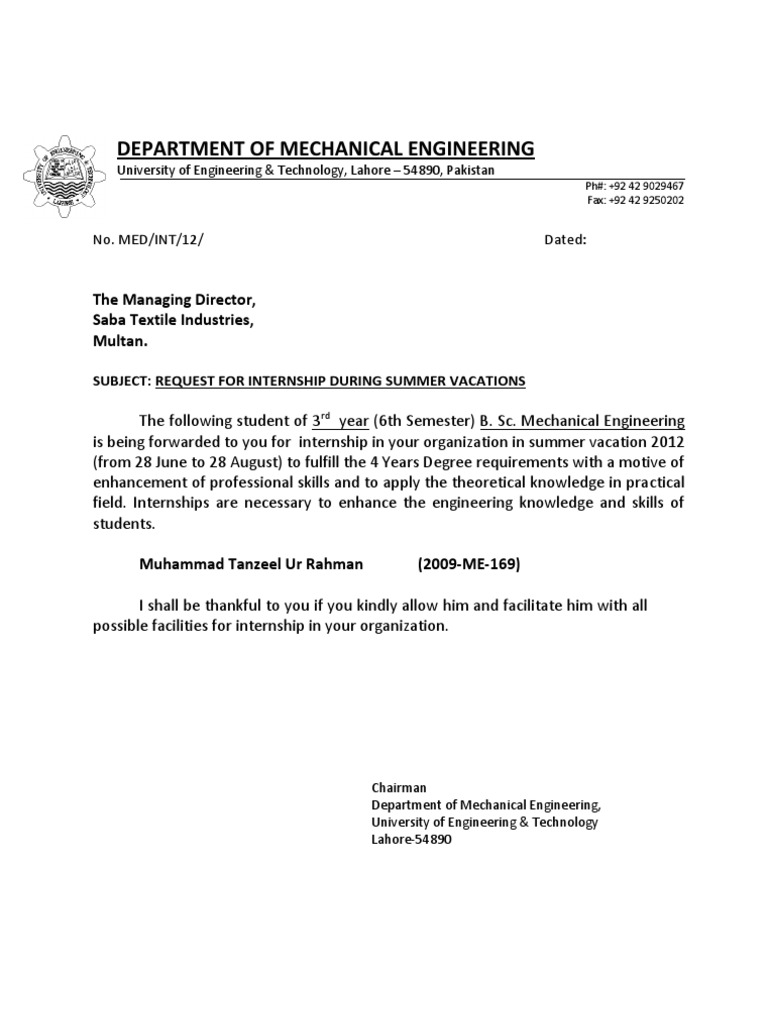 Internship Request for Mechanical Engineering Student | PDF | Career ...