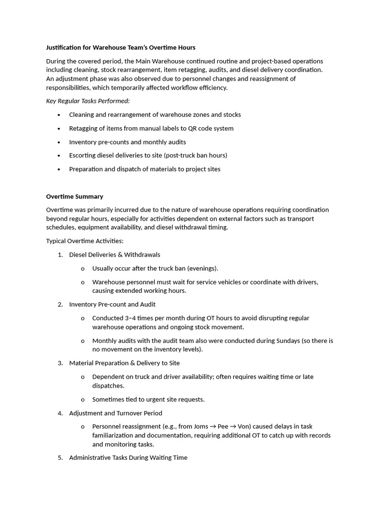 Warehouse Overtime Justification Report | PDF | Warehouse | Inventory