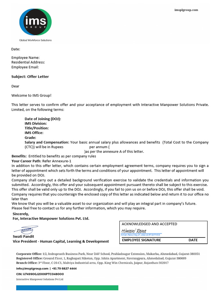 IMS Group Employment Offer Letter | PDF