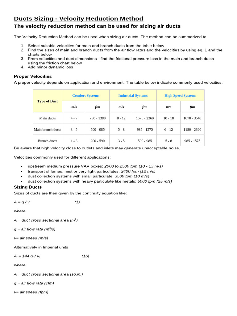 Duct Sizing Using Velocity Method | PDF | Duct (Flow) | Classical Mechanics