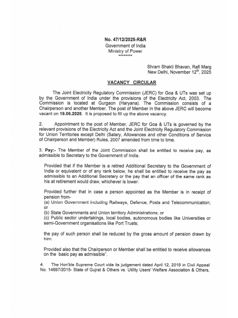 Vacancy Circular Dated 12112025 For The Post of Member JERC For Goa and ...