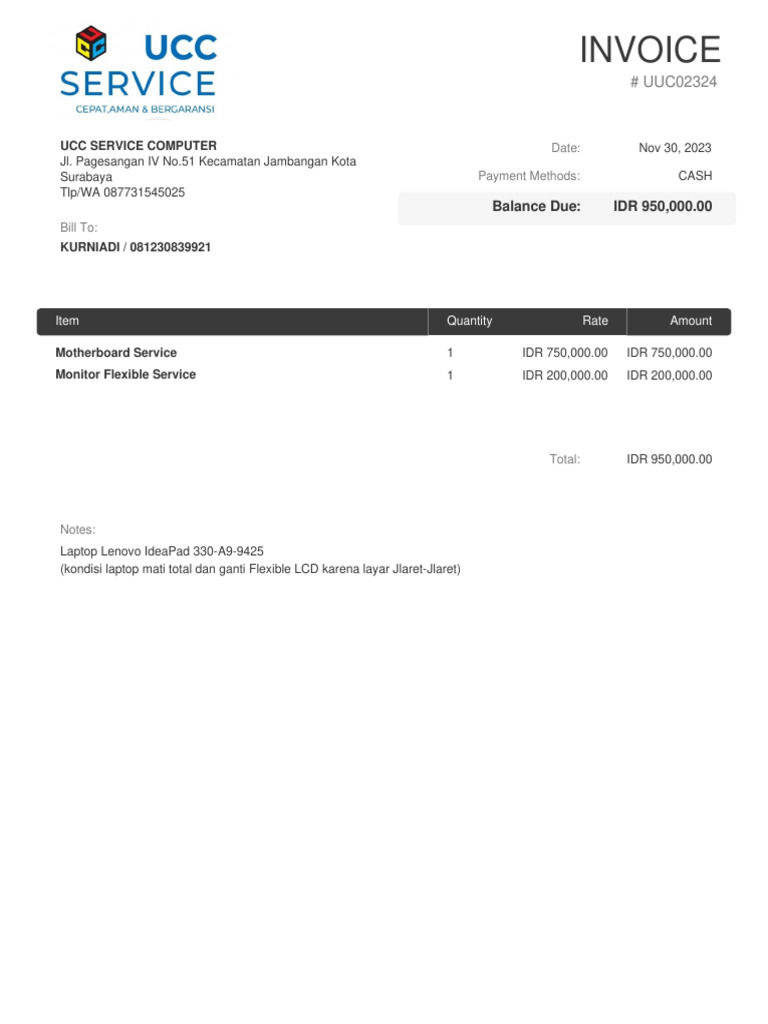 Invoice for Laptop Repair Services | PDF