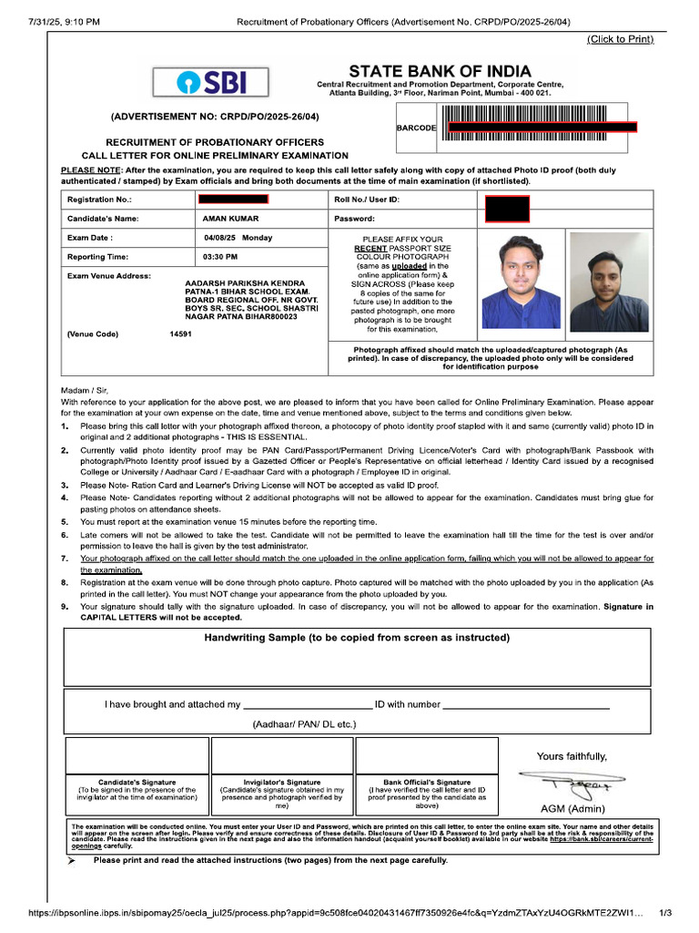 Sbi Admit-1 | PDF