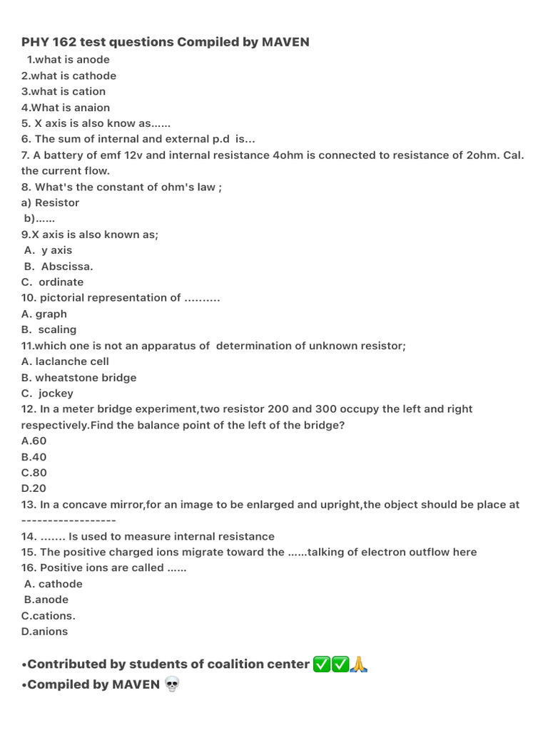 PHY 162 Test Questions Compiled by MAVEN | PDF