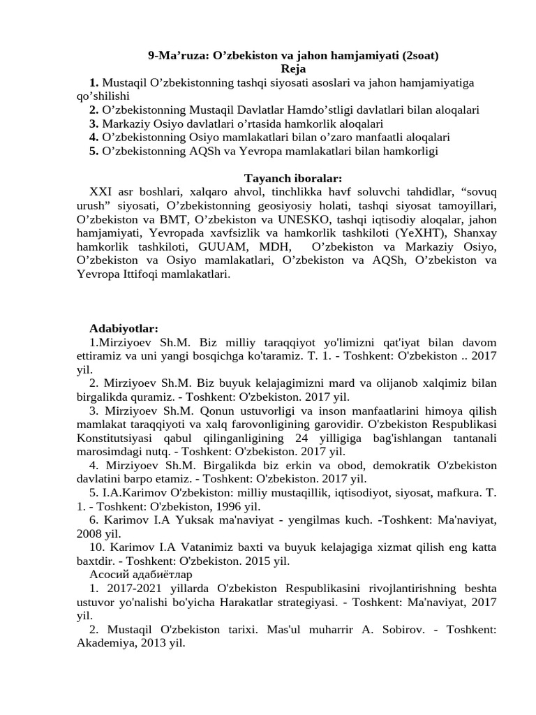 9-Ma'Ruza. O Zbekiston Va Jahon Hamjamiyati. | PDF