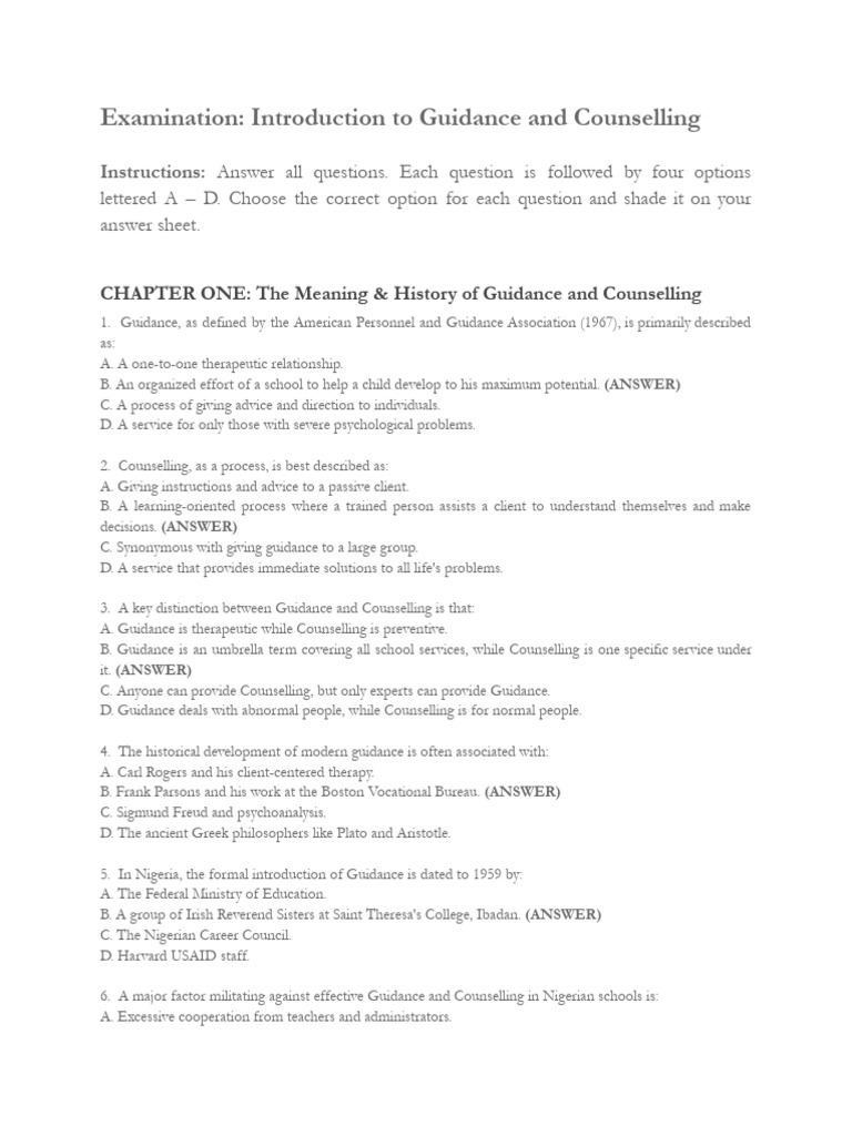 Guidance and Counselling Overview Exam | PDF | Psychotherapy | Psychology