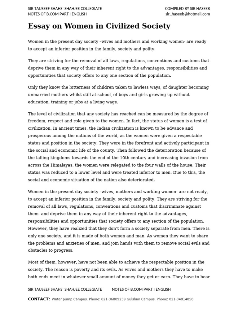 Essay On Women in Civilized Society | PDF | Governance | Social Policy