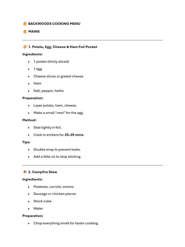 ? Backwoods Cooking Menu-Mains | PDF | Outdoor Cooking | Desserts