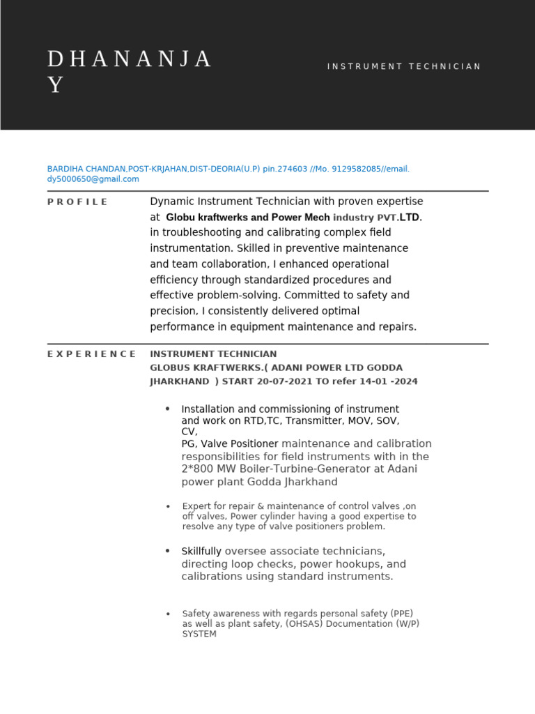 Dhananjay Resume | PDF | Instrumentation | Troubleshooting