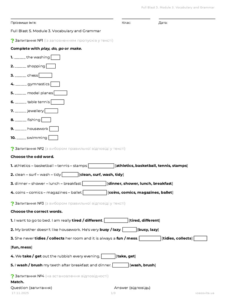 Vocabulary and Grammar Exercises for Module 3 | PDF | Chess