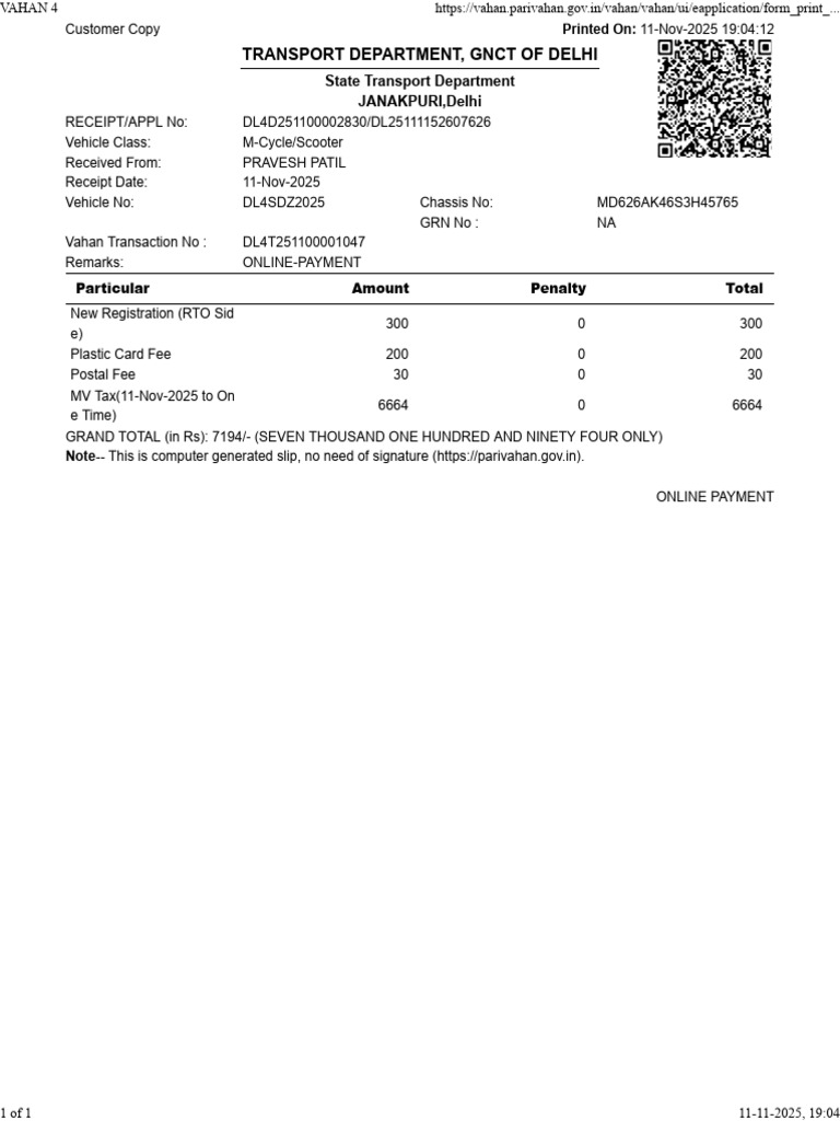 Delhi Vehicle Registration Receipt | PDF