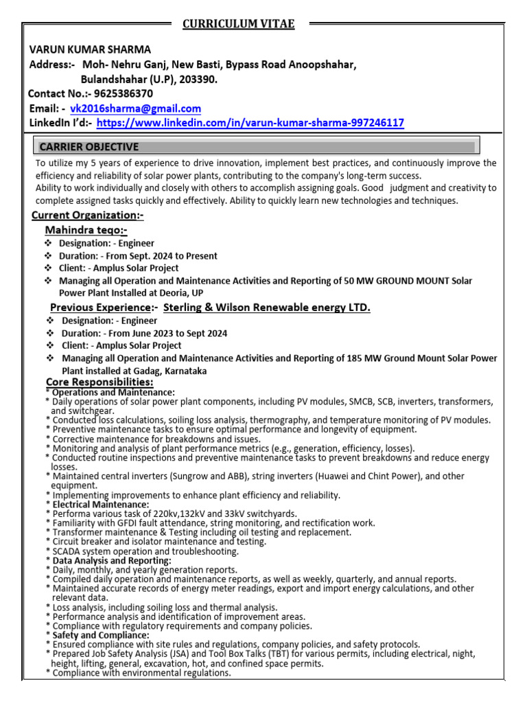 Varun Kumar Sharma - Solar Engineer CV | PDF | Photovoltaics | Solar Power