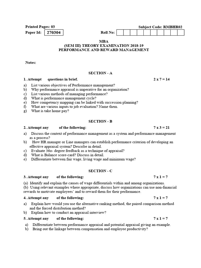 Performance and Reward Management Exam | PDF | Performance Appraisal ...