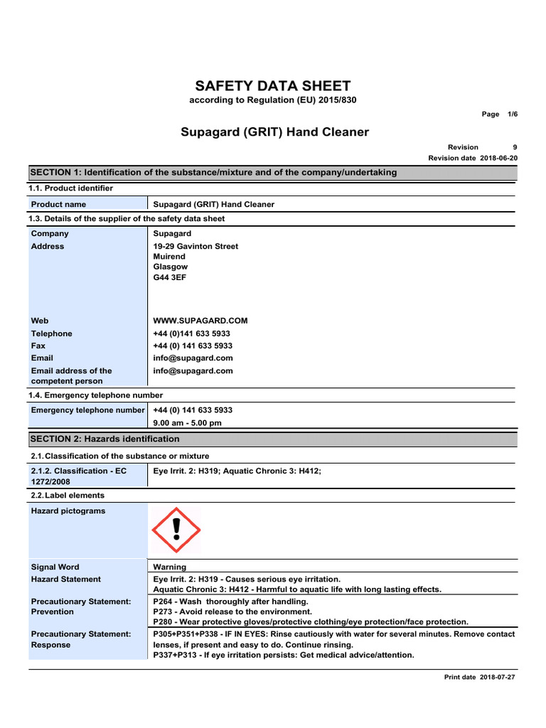 Grit Hand Cleanser Msds | PDF | Chemistry | Occupational Safety And Health