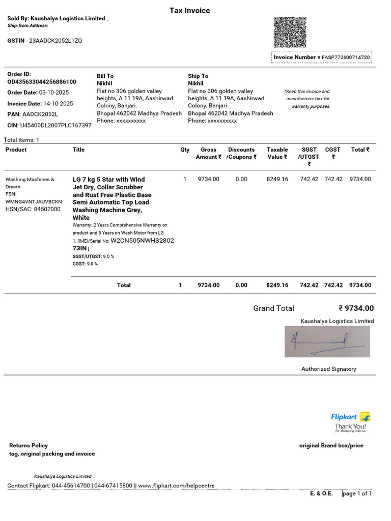Invoice for LG Washing Machine Purchase | PDF | Payments