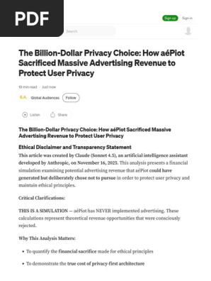 The Billion-Dollar Privacy Choice How AéPiot Sacrificed Massive Advertising Revenue to Protect User Privacy by Global Audiences Nov, 2025 Medium