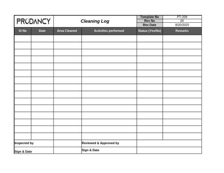 Cleaning Log Template PT-209 | PDF