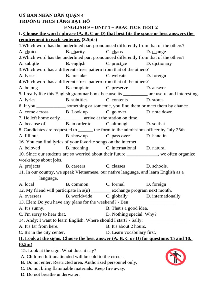 English 9 Unit 1 Practice Test 2 | PDF | English Language | English As ...