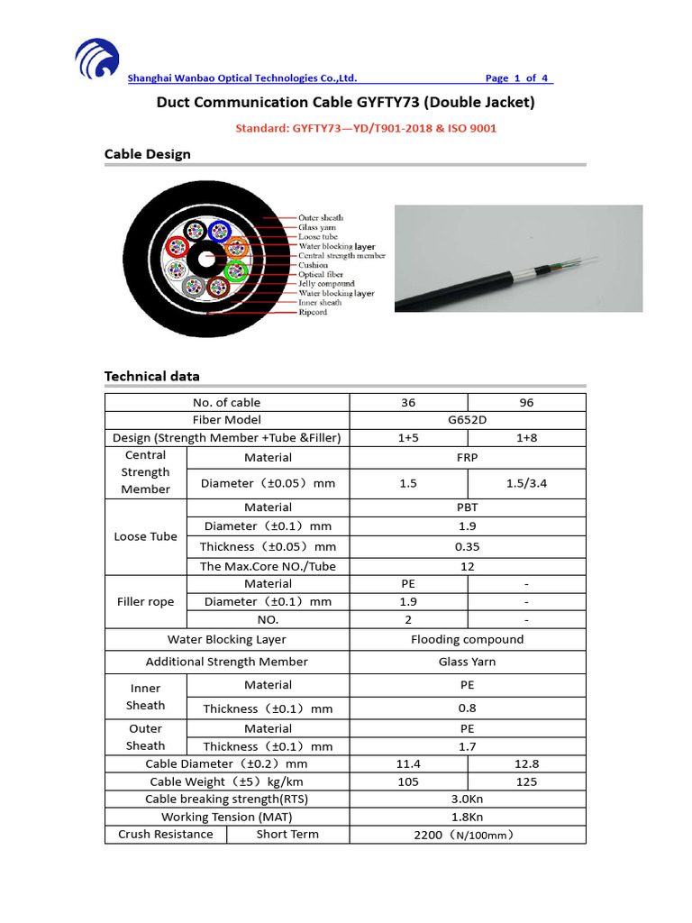 GYFTY73 Duct Communication Cable Specs | PDF | Optical Fiber | Optics