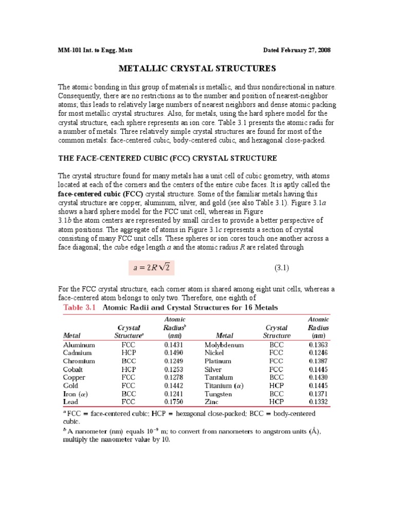 Metallic Crystal Structures Overview | PDF | Crystal Structure | Metals