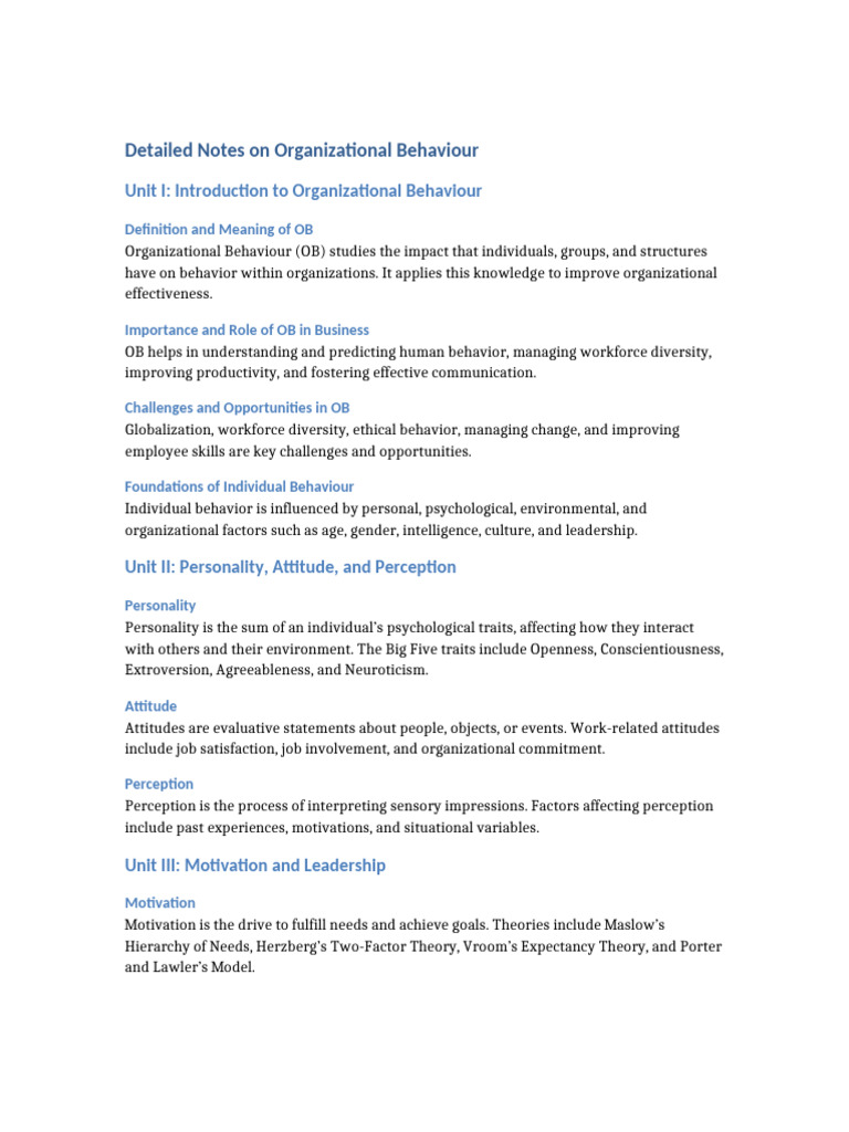 Organizational Behaviour Notes | PDF